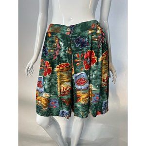 Vintage Capacity Womens Culottes Shorts Green Floral Rayon High Rise Aloha S